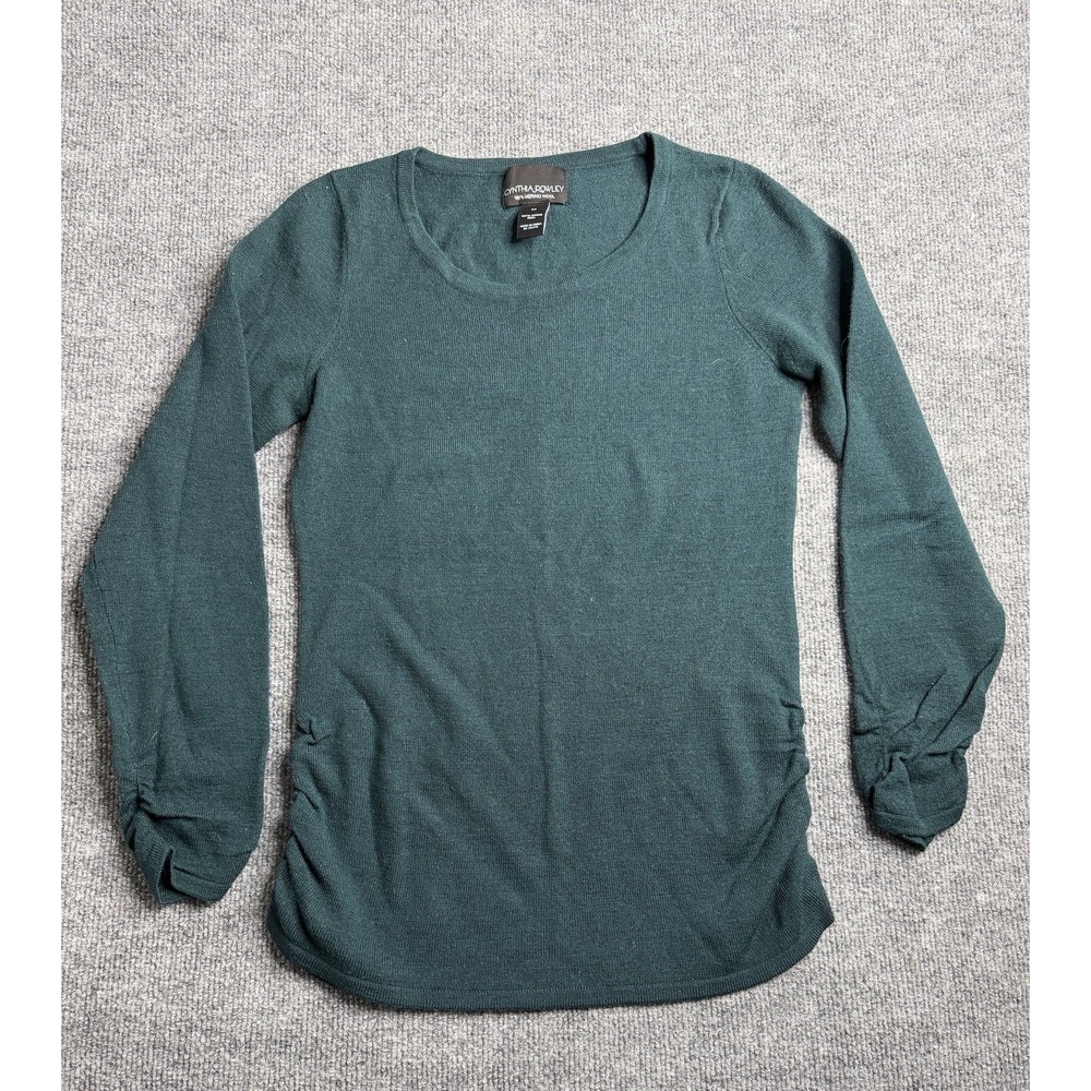 Cynthia‎ Rowley Sweater Womens Medium Green Merino Wool Ruched Sleeve Pullover